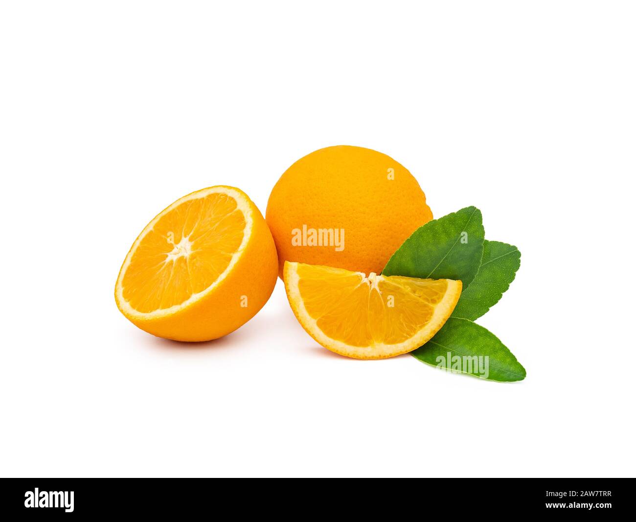 a group of fresh orange fruits with green leaves, isolated on white background with clipping path. fruit product display or montage, studio shot Stock Photo