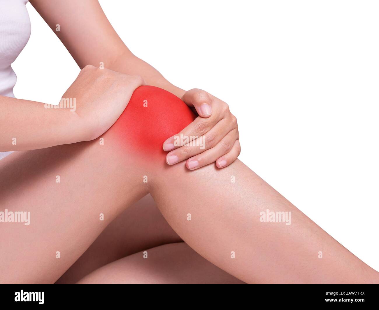 woman's hand holding around knee suffering from knee pain, joint pains. red color highlight at knee isolated on white background. health care and medi Stock Photo