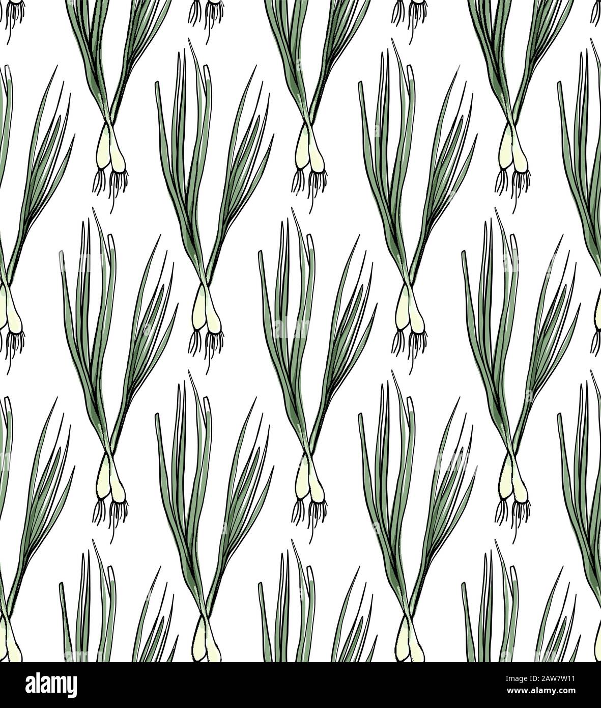 A seamless pattern with green onions on a white background. Stock Vector