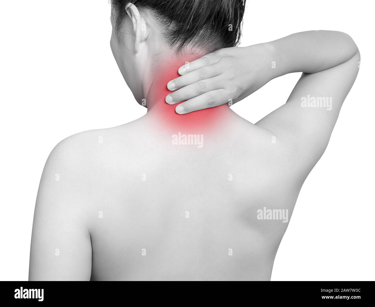 woman suffering from neck pain using hand massage painful neck and nape. mono tone color with red highlight at neck , neck muscles isolated on white b Stock Photo