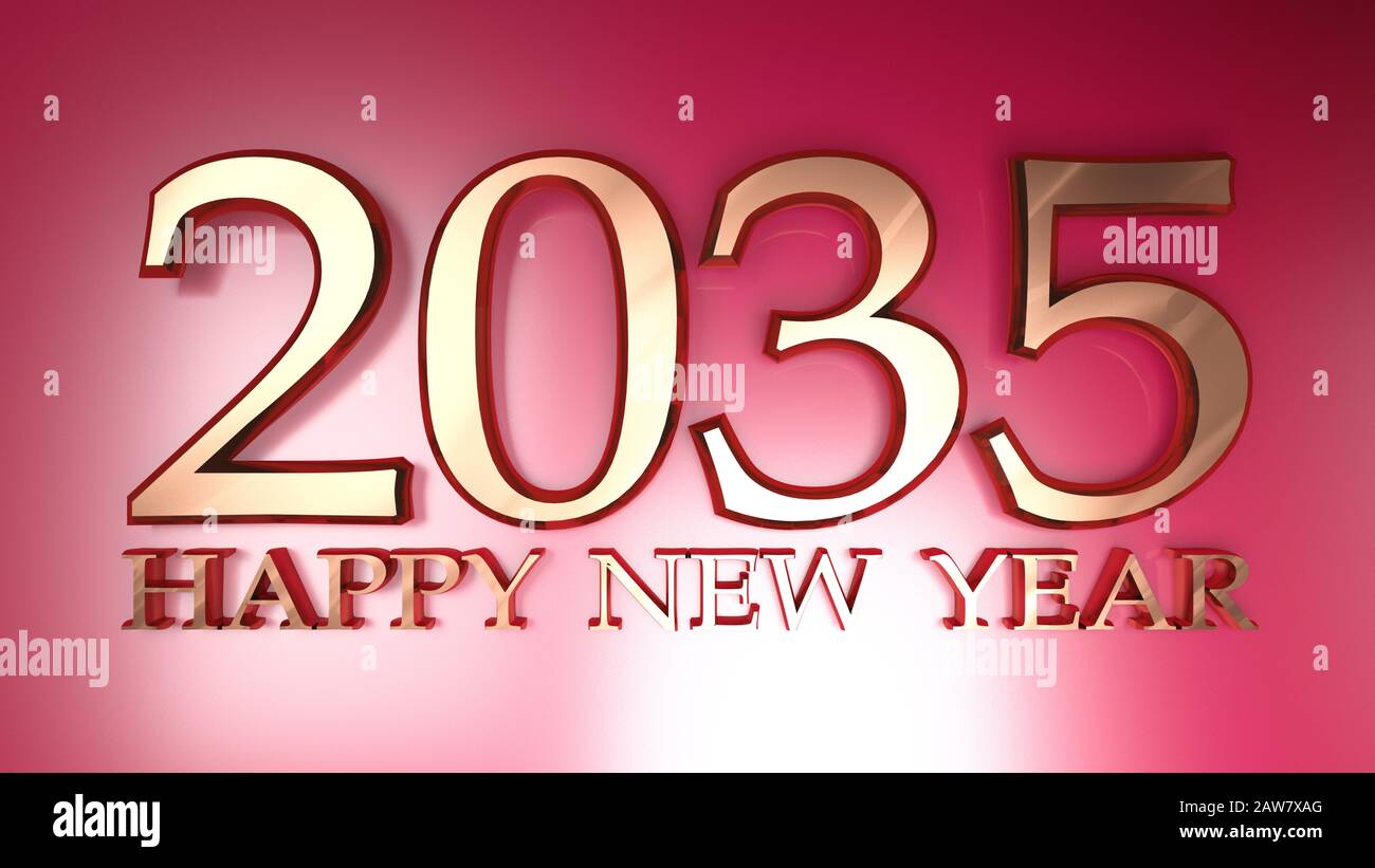 2035 Happy New Year copper write on red background 3D rendering