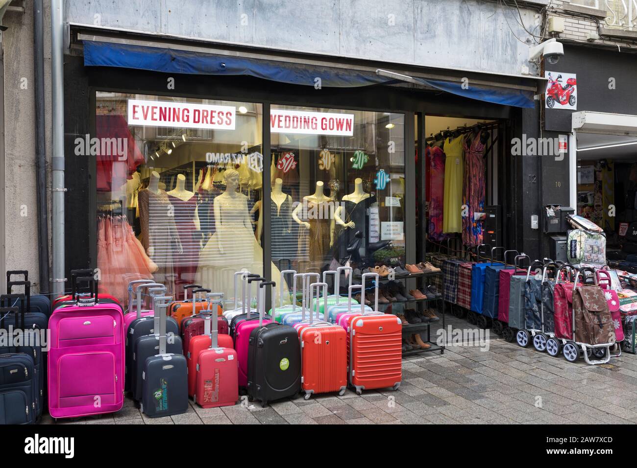 Shop in Antwerp inner city selling suitcases, wedding gowns and womens fashion Stock Photo