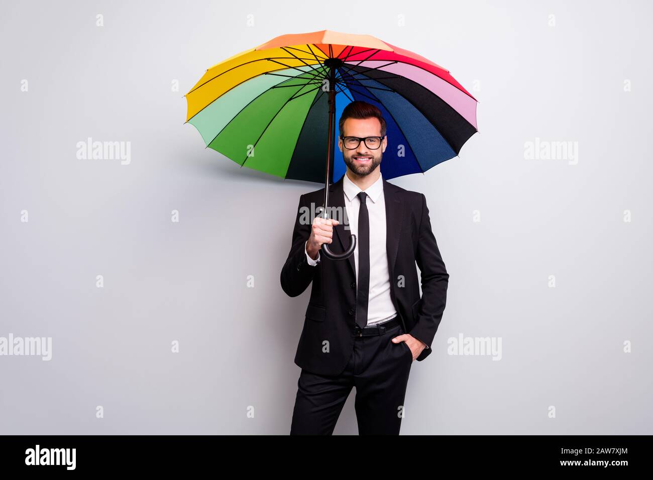 Confident cool executive collar real estate agent have rainy day go