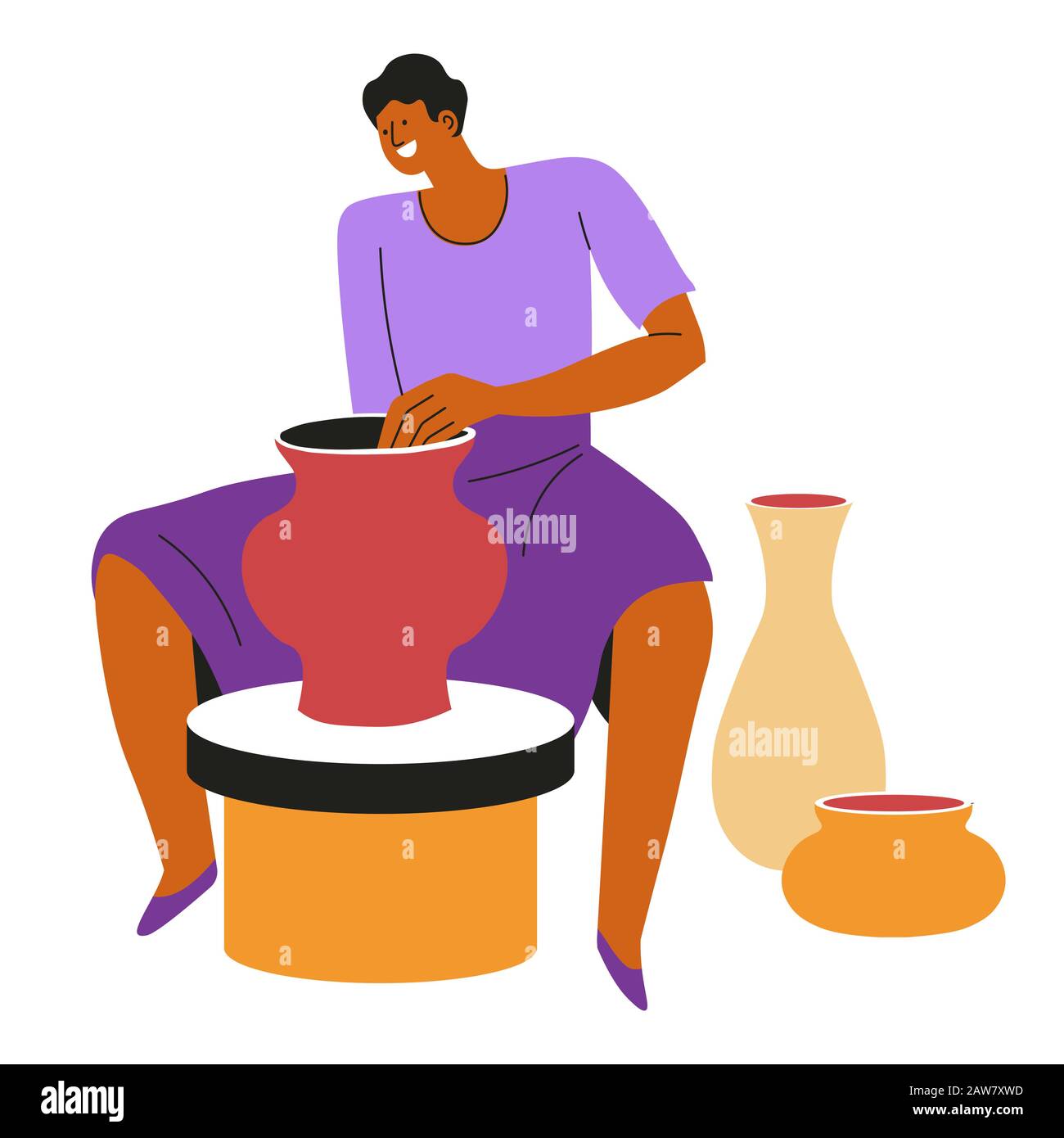 Potter making clay vases or pots, pottery and ceramics Stock Vector