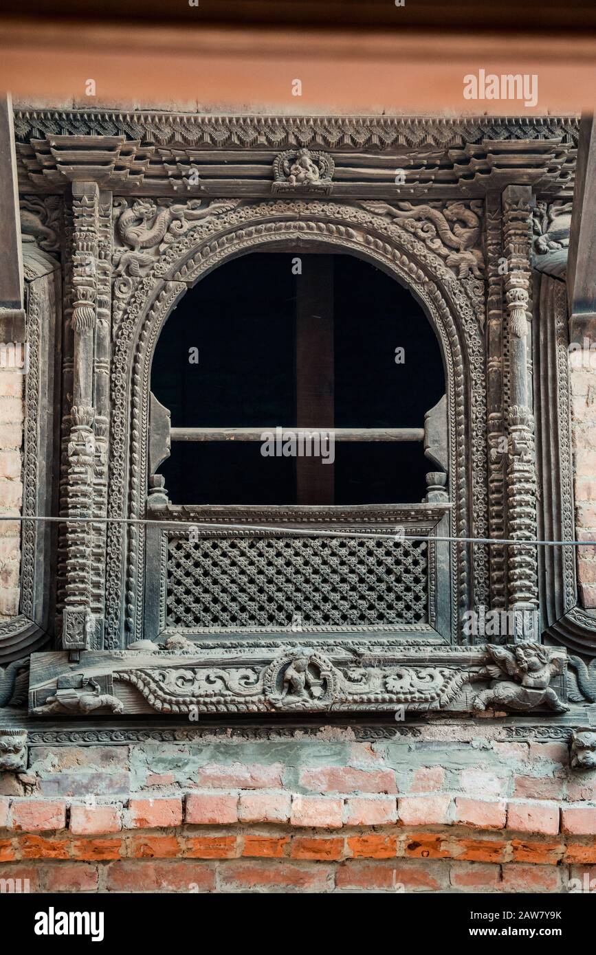 Newar window in Bhaktapur, Kathmandu valley, Nepal Stock Photo