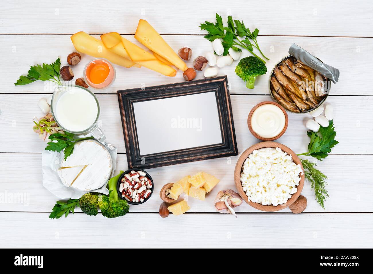 Food with calcium. A variety of foods rich in calcium cheese, milk