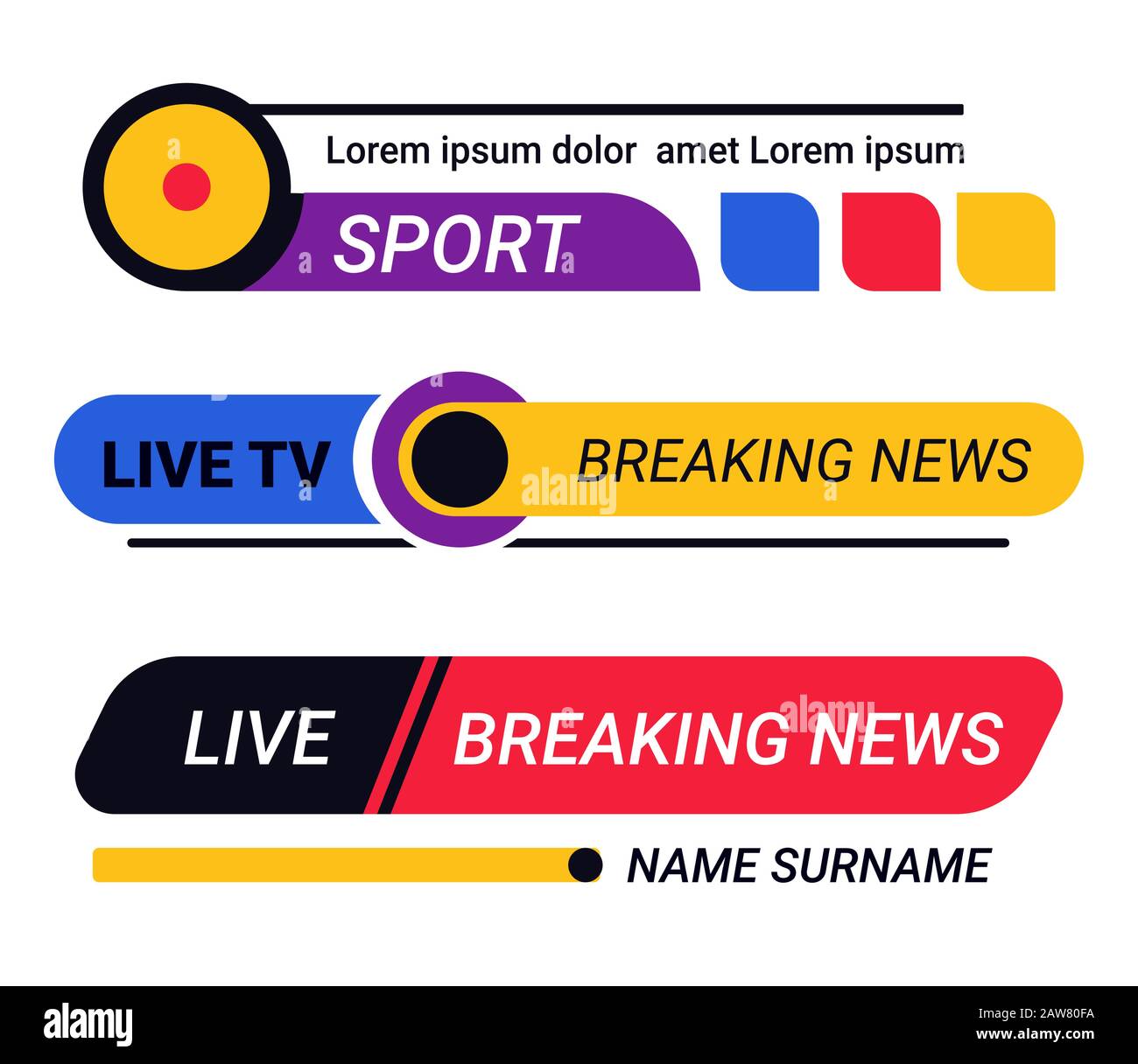 News headlines isolated icons, TV channel live report Stock Vector