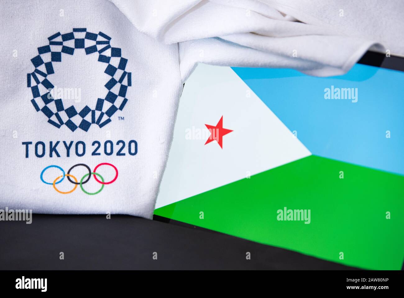 TOKYO, JAPAN, FEBRUARY. 8. 2020: Djibouti at summer olympic game in Tokyo 2020, national flag, black background Stock Photo