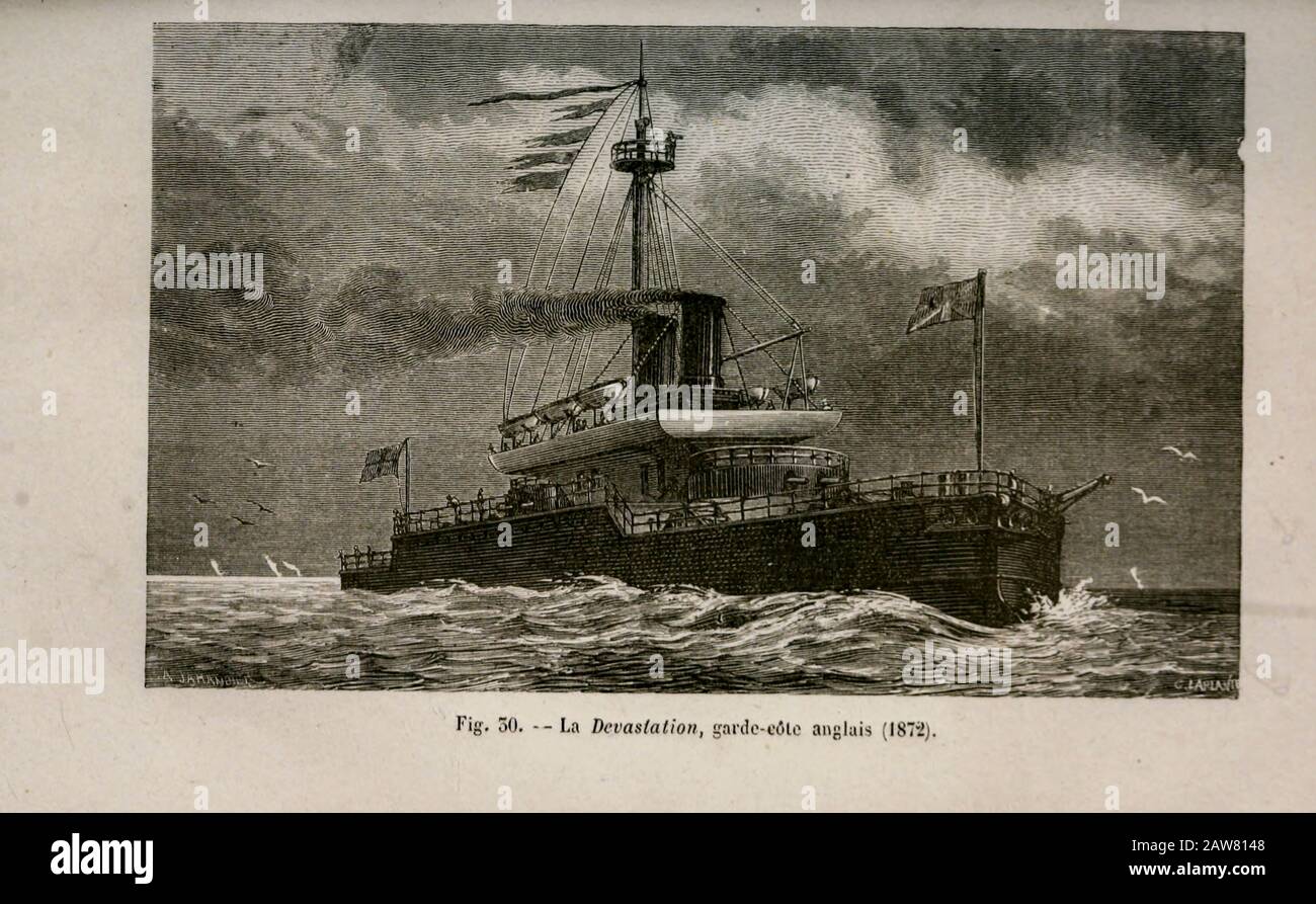 19th century Woodcut print on paper of La Devastation an ironclad battleship of the French Navy launched in August 1879 from L'art Naval by Leon Renard, Published in 1881 Stock Photo