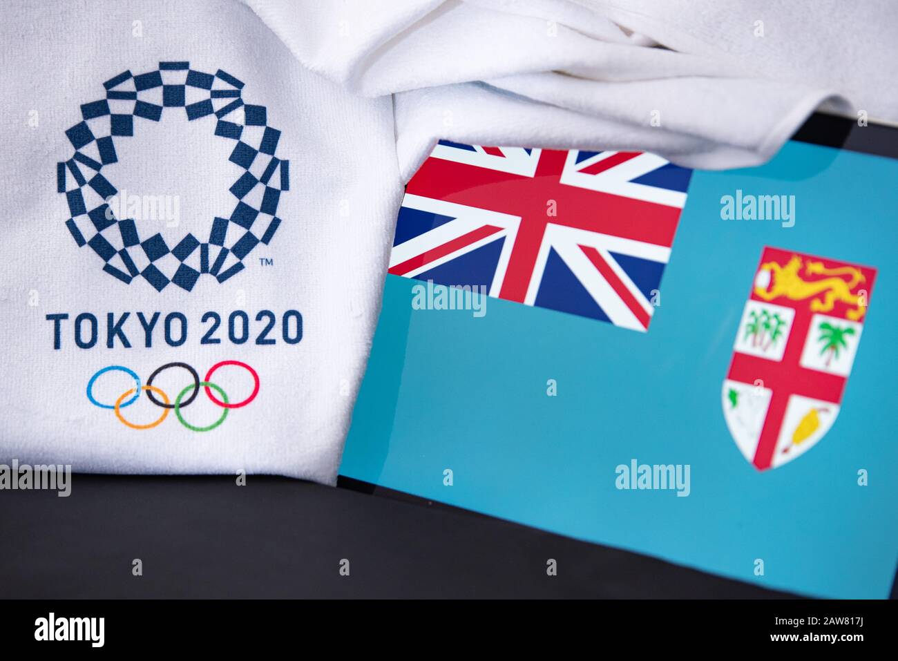 at summer olympic game in Tokyo 2020, national flag, black backgroundTOKYO, JAPAN, FEBRUARY. 8. 2020: Fiji Stock Photo