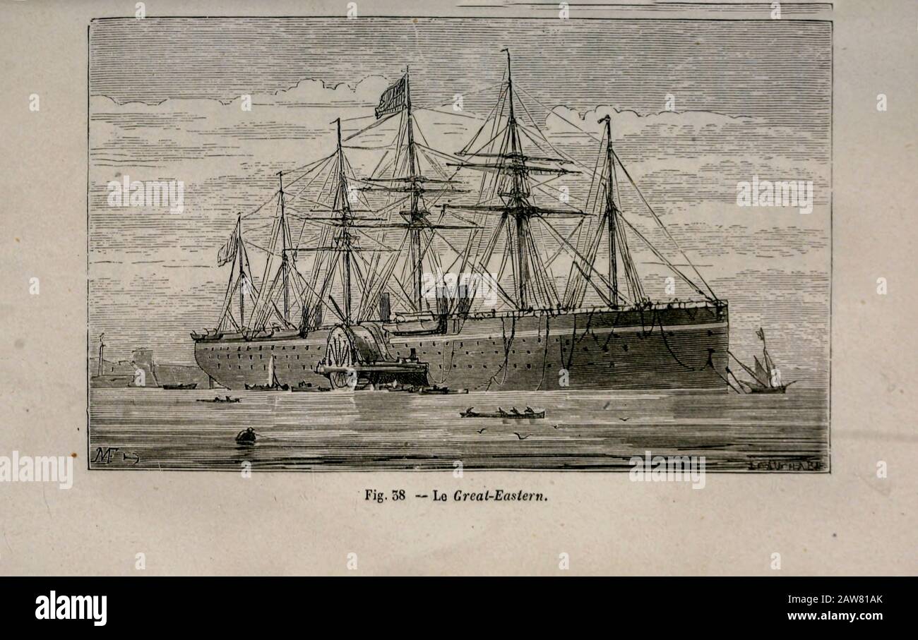 19th century Woodcut print on paper of the SS Great Eastern iron sailing steamship  from L'art Naval by Leon Renard, Published in 1881 Stock Photo