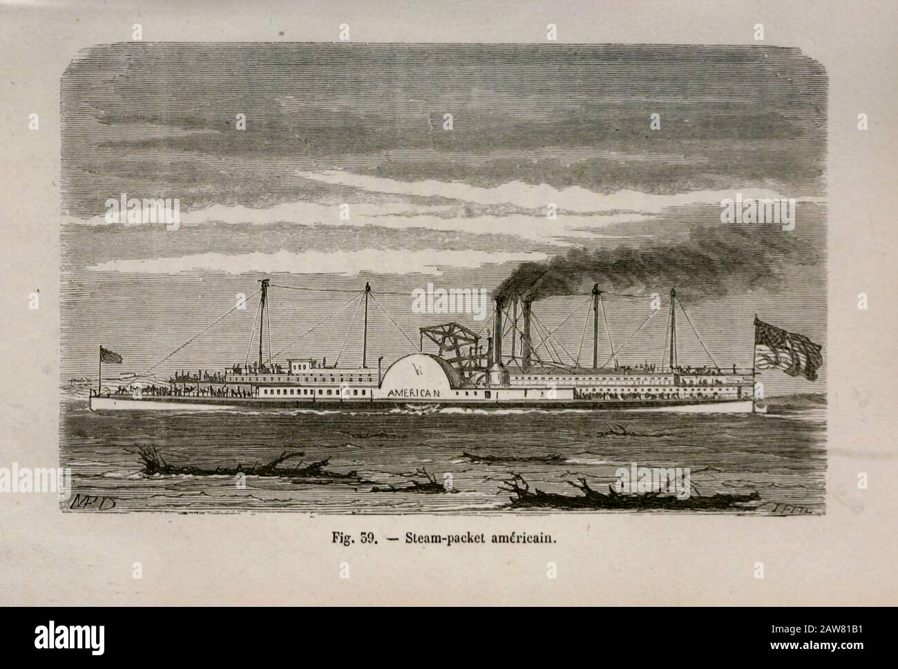19th century Woodcut print on paper of a steam riverboat from L'art Naval by Leon Renard, Published in 1881 Stock Photo