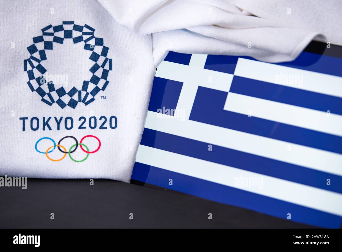 TOKYO, JAPAN, FEBRUARY. 8. 2020: Greece at summer olympic game in Tokyo 2020, national flag, black background Stock Photo