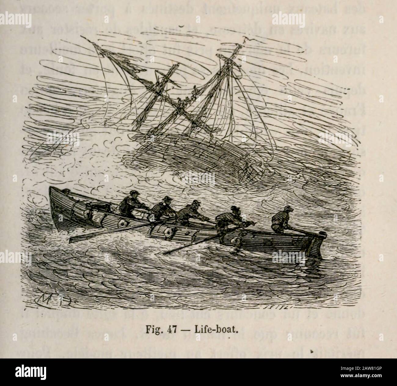 19th century Woodcut print on paper of a lifeboat from L'art Naval by Leon Renard, Published in 1881 Stock Photo