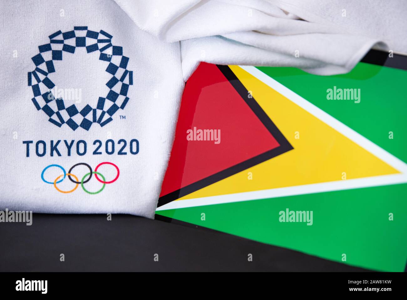 TOKYO, JAPAN, FEBRUARY. 8. 2020: Guyana at summer olympic game in Tokyo 2020, national flag, black background Stock Photo
