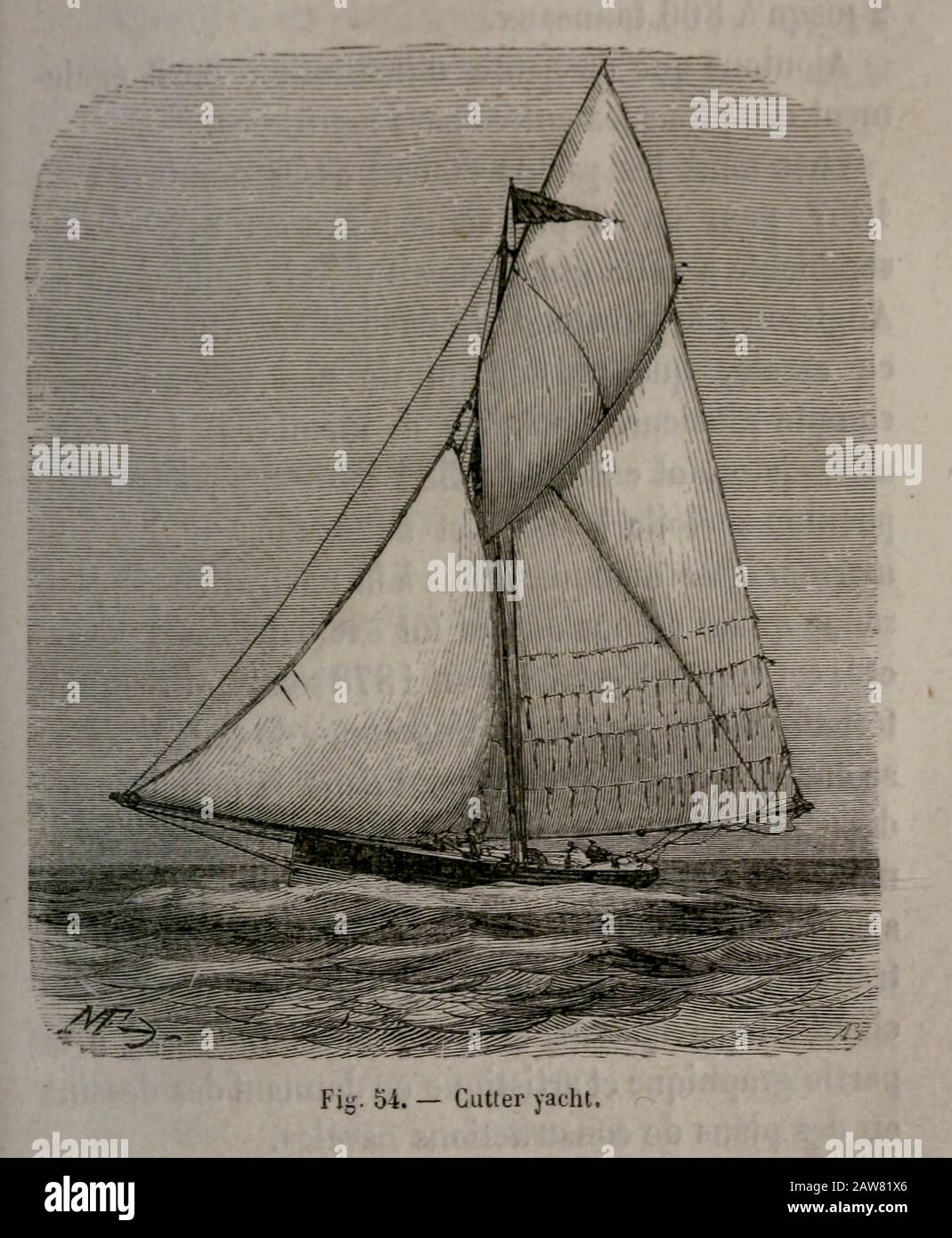 19th century Woodcut print on paper of a cutter yacht from L'art Naval by Leon Renard, Published in 1881 Stock Photo