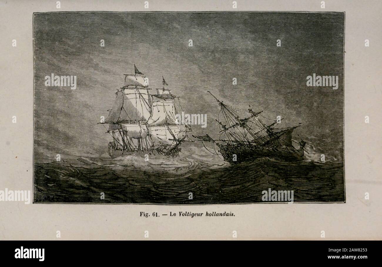 19th century Woodcut print on paper of Le voltigeur hollandais ship from L'art Naval by Leon Renard, Published in 1881 Stock Photo