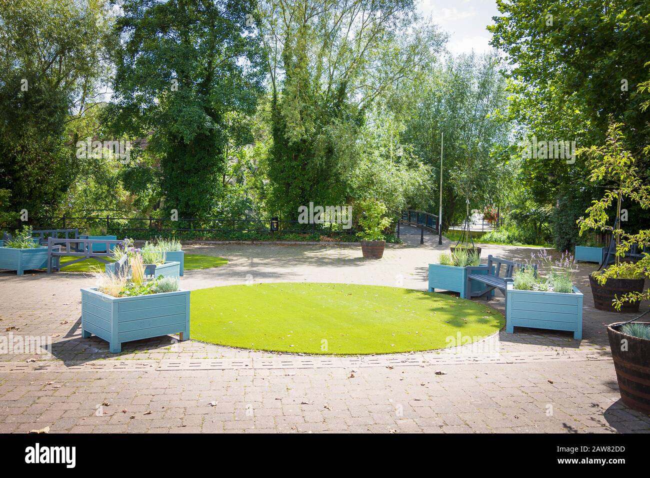 A new small 'Pocket park' in the redeveloped town centre in Calne Wiltshire England UK Stock Photo