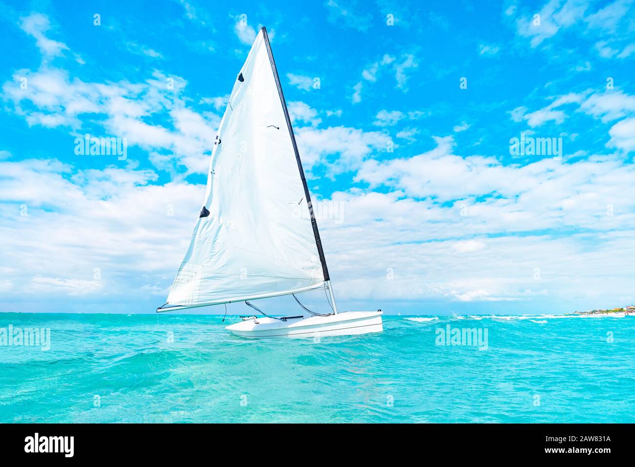 view of catamaran sailing in ocean open water. A catamaran with a white sail drifts through the turquoise waters of the Caribbean sea without people. Stock Photo