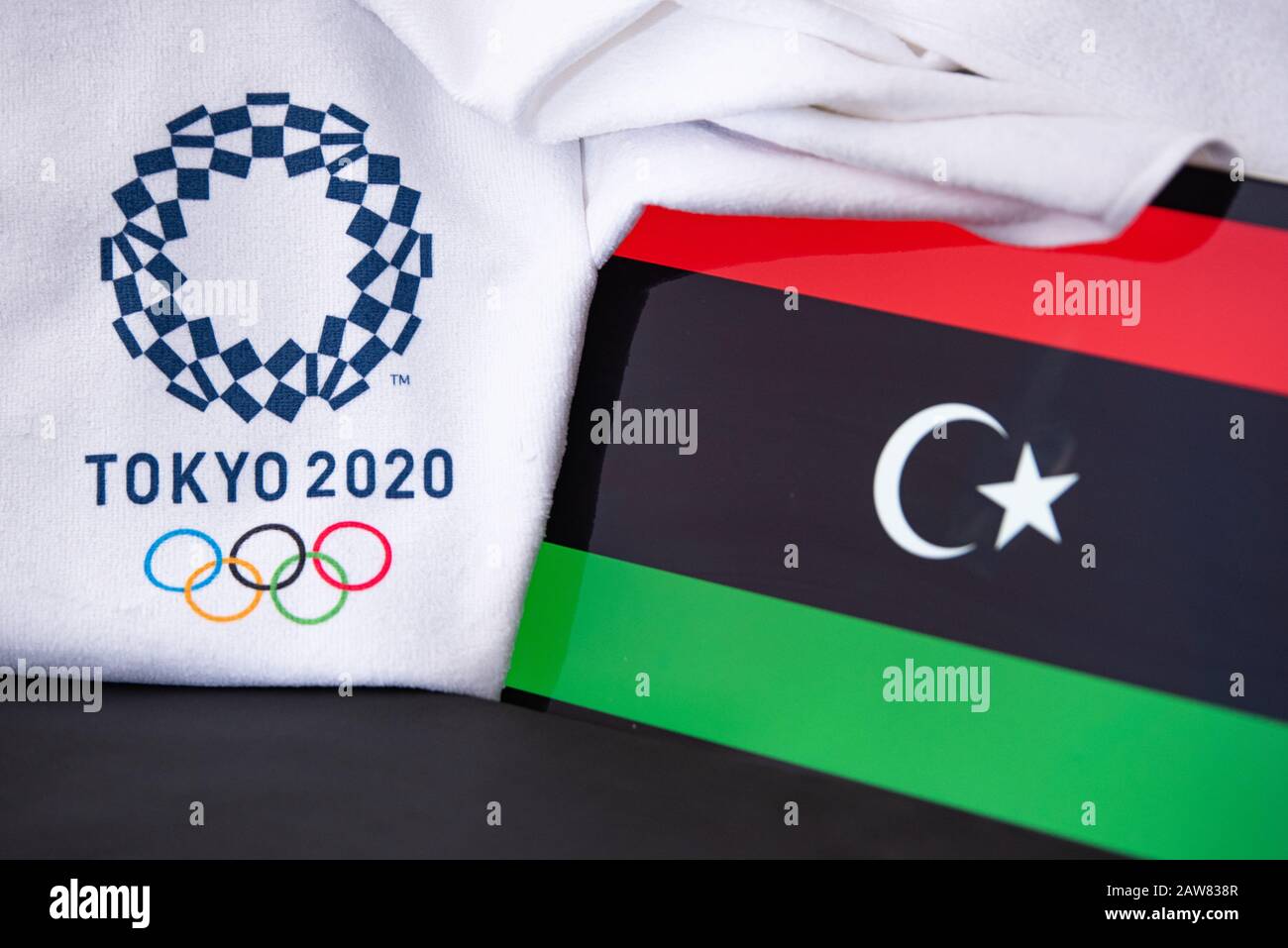 at summer olympic game in Tokyo 2020, national flag, black backgroundTOKYO, JAPAN, FEBRUARY. 8. 2020: Libya Stock Photo