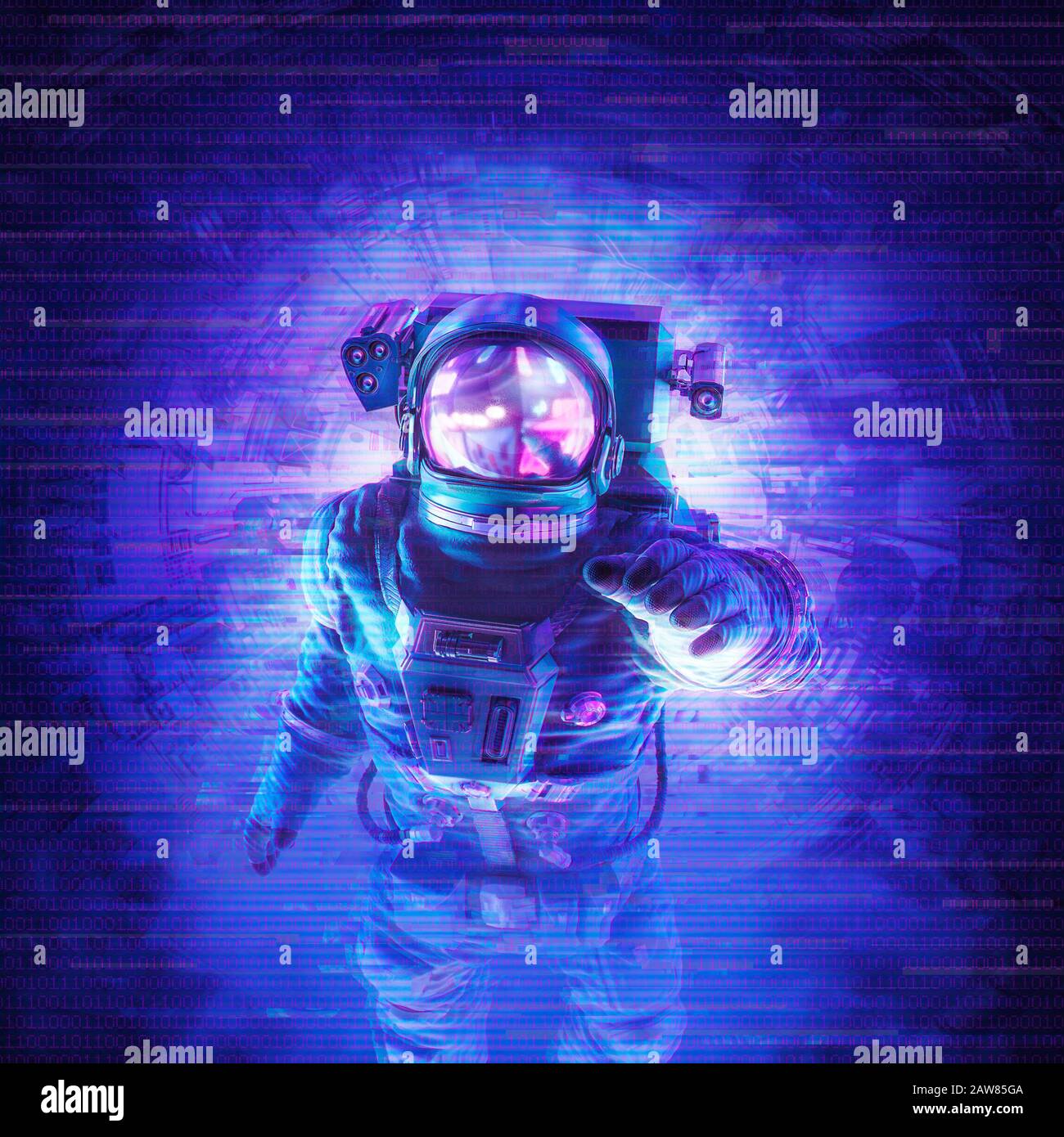 Transmission signal error / 3D illustration of science fiction scene with astronaut sending message through glitchy video feed Stock Photo