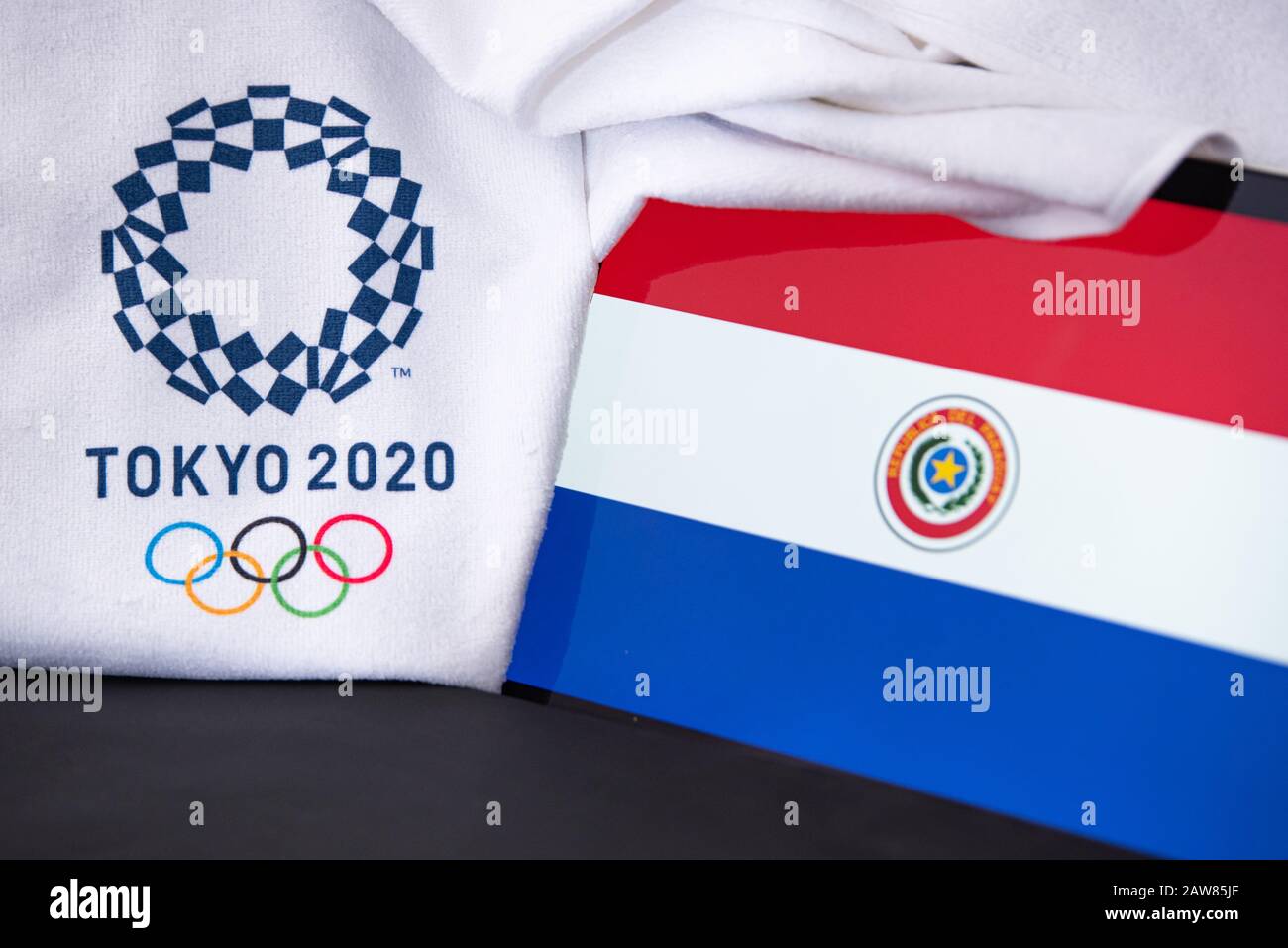 at summer olympic game in Tokyo 2020, national flag, black backgroundTOKYO, JAPAN, FEBRUARY. 8. 2020: Paraguay Stock Photo