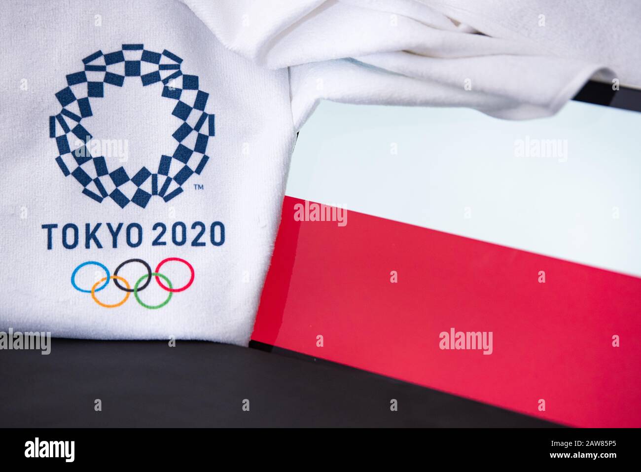 at summer olympic game in Tokyo 2020, national flag, black backgroundTOKYO, JAPAN, FEBRUARY. 8. 2020: Poland Stock Photo