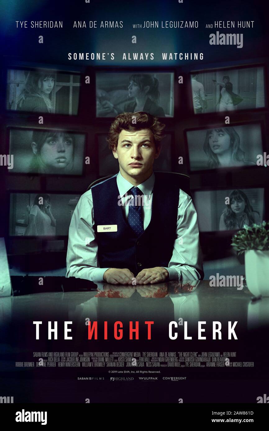 The Night Clerk (2020) directed by Michael Cristofer and starring Ana de Armas, Helen Hunt and John Leguizamo. An autistic hotel clerk who watches residents is accused of murder. Stock Photo