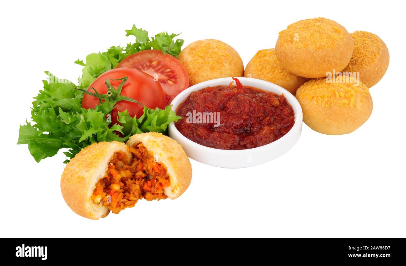 Savoury mini meat filled buffet doughnuts isolated on a white