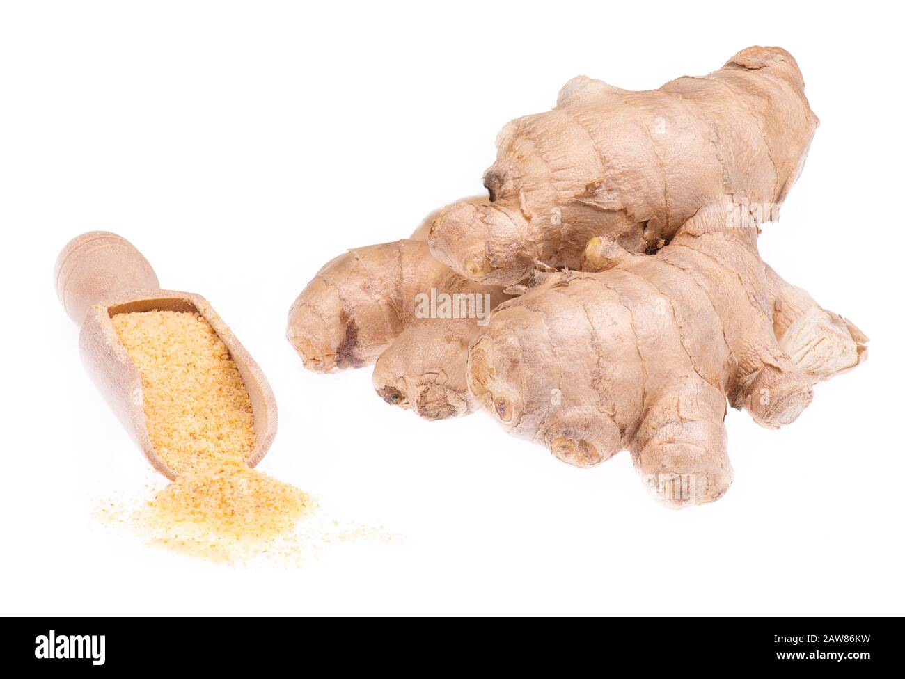 Gresh ginger roots and poweder isolated on a white background Stock Photo