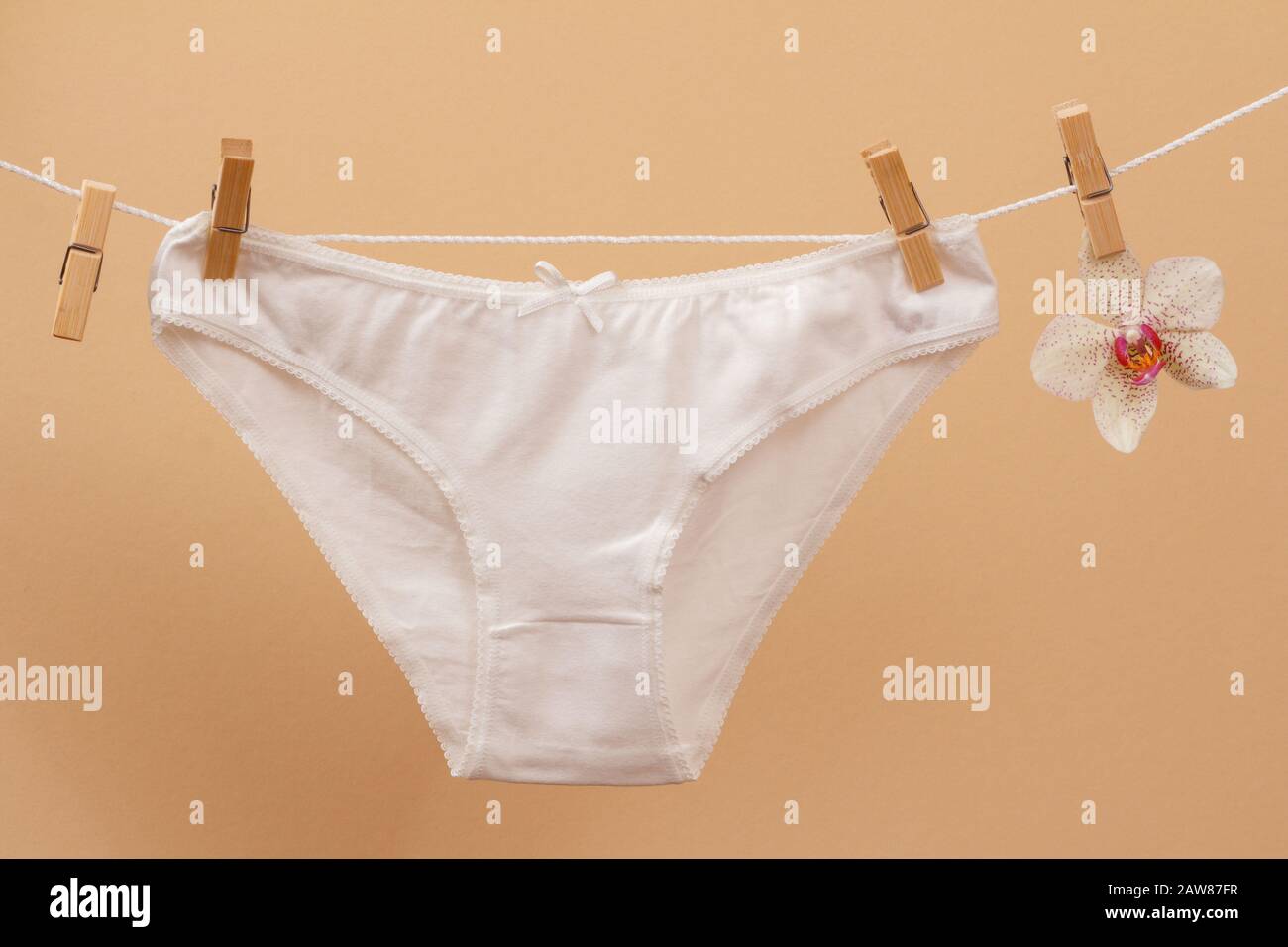 New white cotton panties on clothesline with clothespins and orchid flower in beige background. Woman underwear. Stock Photo