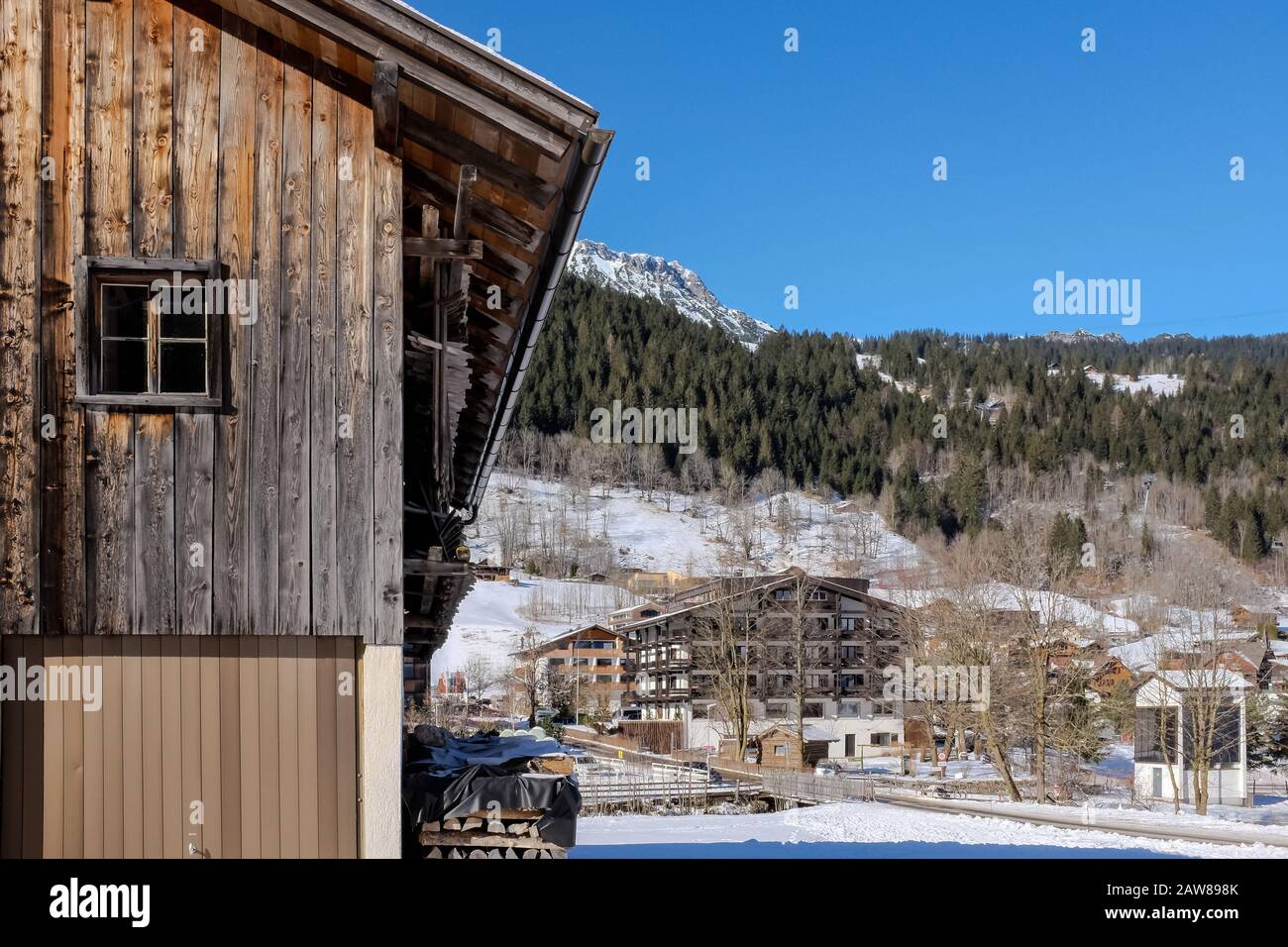 Chalets in snow covered village Brand, in the Alpine region Vorarberg in Austria. Stock Photo