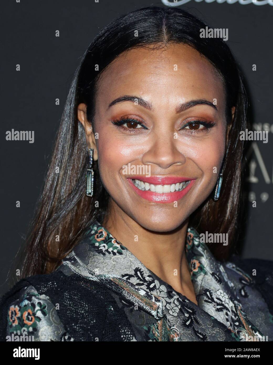 West Hollywood, United States. 06th Feb, 2020. WEST HOLLYWOOD, LOS ANGELES, CALIFORNIA, USA - FEBRUARY 06: Actress Zoe Saldana arrives at the Cadillac Oscar Celebration 2020 held at Chateau Marmont on February 6, 2020 in West Hollywood, Los Angeles, California, United States. (Photo by Xavier Collin/Image Press Agency) Credit: Image Press Agency/Alamy Live News Stock Photo