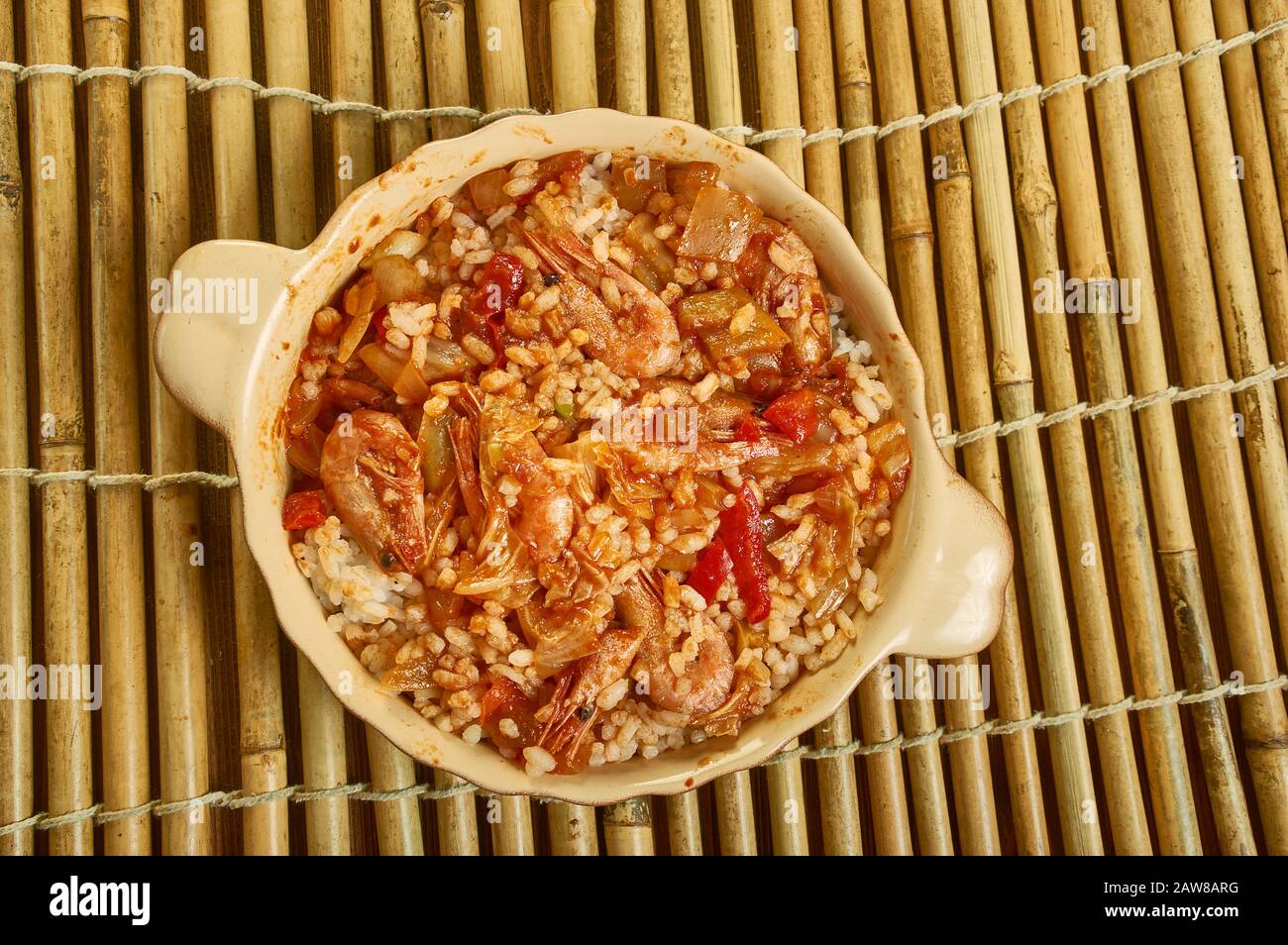 Prawn jambalaya, rice dishes, and its origins are in the traditional