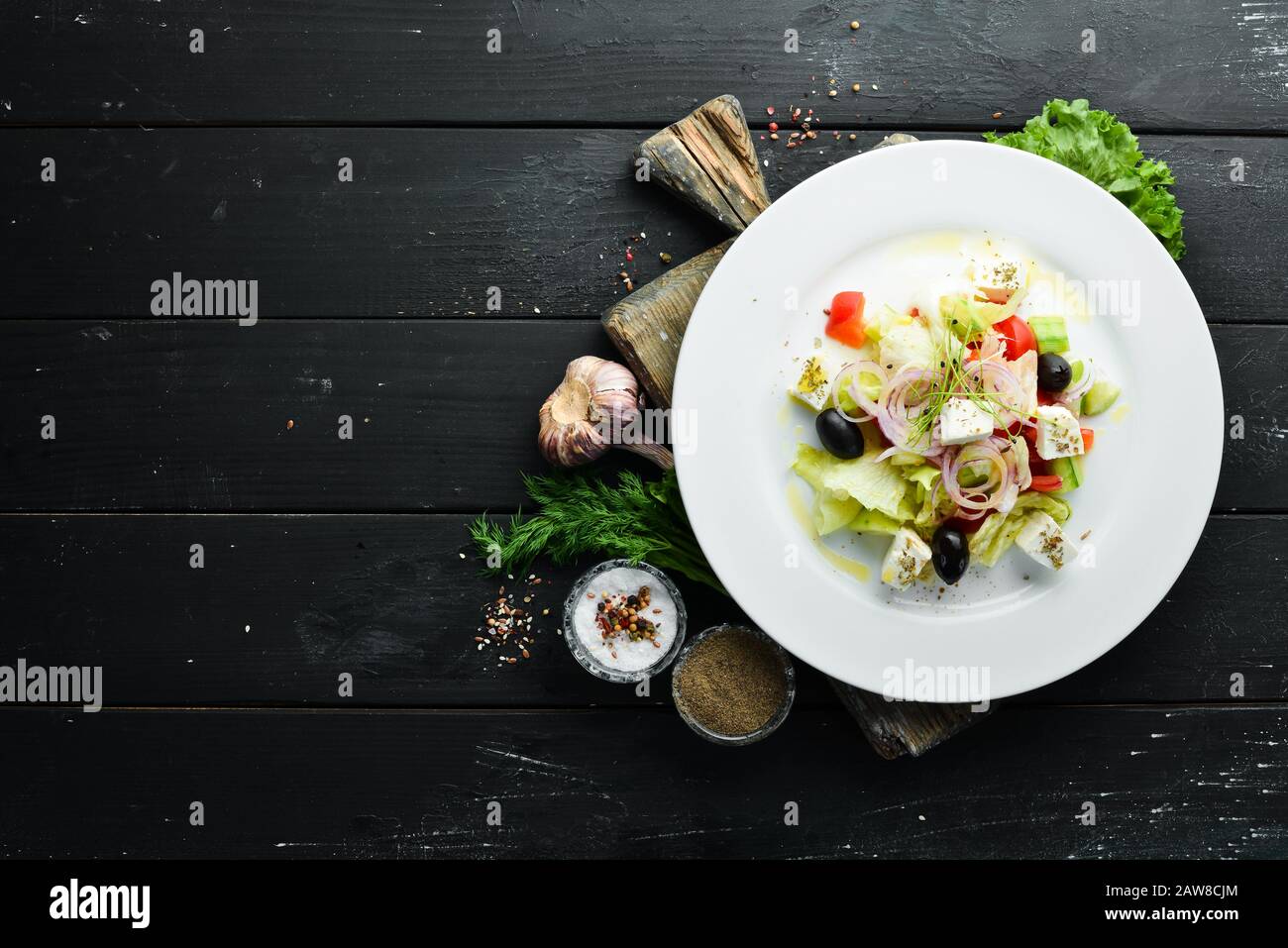 Greek salad. Feta cheese salad with olives. Top view. Free space for