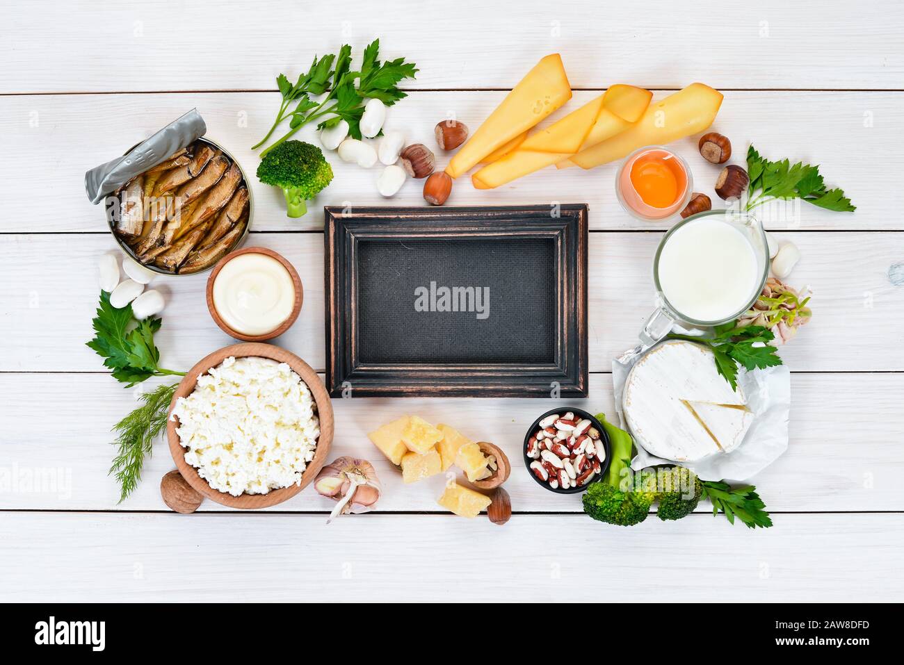 Food with calcium. A variety of foods rich in calcium cheese, milk