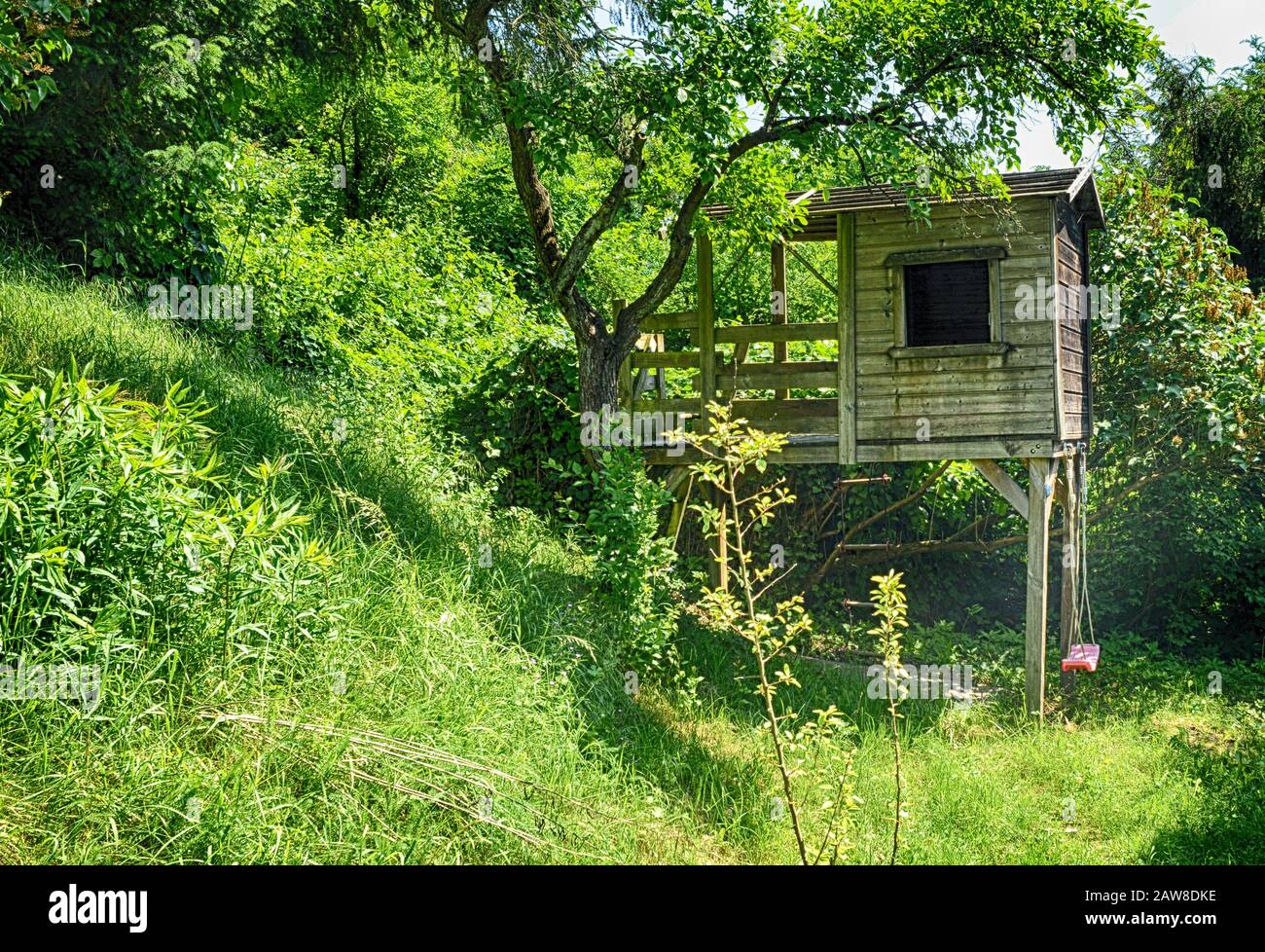 Baumhaus in einem wilden Garten Stock Photo