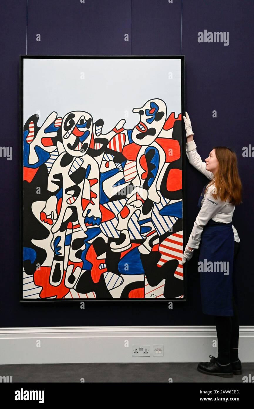 London, UK.  7 February 2020.  A technician presents ''Épisode Champêtre'' by Jean Dubuffet, (Est. £900,000 - 1,200,000). Preview of Sotheby's Contemporary Art Sale in their New Bond Street galleries.  Works by artists including Francis Bacon, Yves Klein, Jean-Michel Basquiat and David Hockney will be offered for auction on 11 February 2020. Credit: Stephen Chung / Alamy Live News Stock Photo