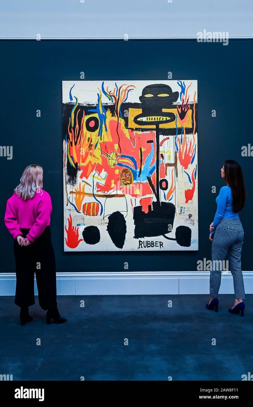 London, UK. 7th February, 2020. JEAN-MICHEL BASQUIAT, RUBBER, 1985, EST. £6-8 million - Sotheby's previews its Contemporary Art Sale which takes place on 11th February 2020 in London. Credit: Guy Bell/Alamy Live News Stock Photo