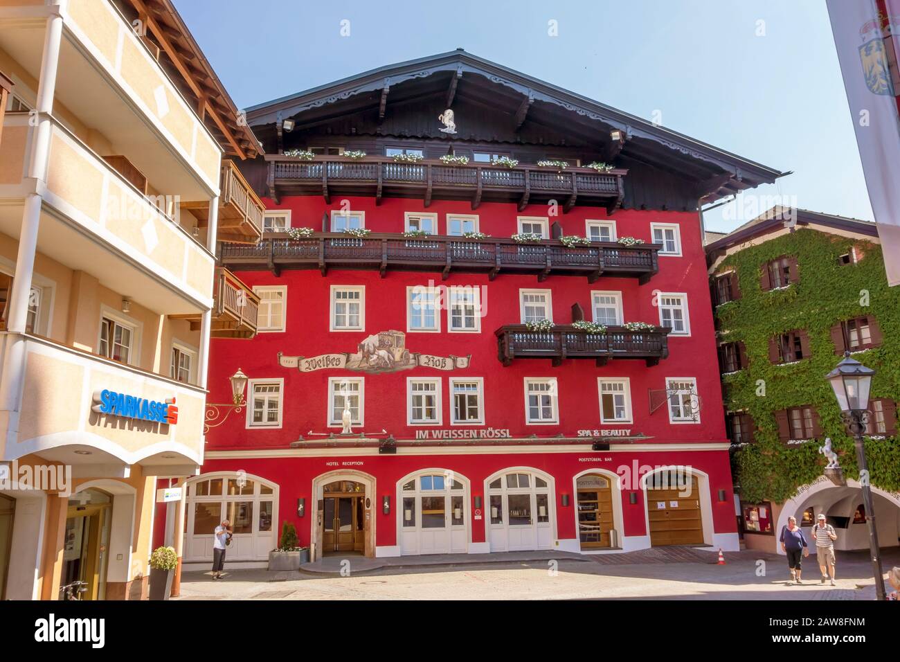 St. Wolfgang, Austria - June 23, 2014: Hotel Weisses Roessl at the famous lake Wolfgangsee. Popular travel destination within Austria. Stock Photo