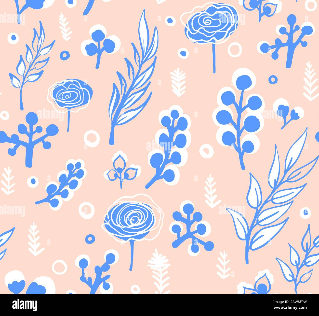 Vector floral pattern in doodle style with flowers and leaves. Gentle ...