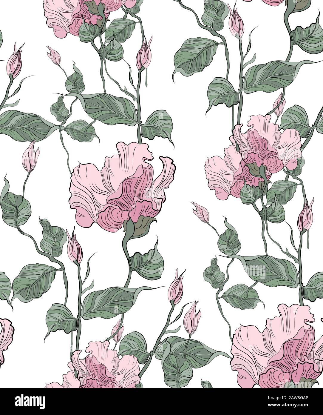 Seamless pattern, hand drawn pink pale Eustoma. Stock Vector