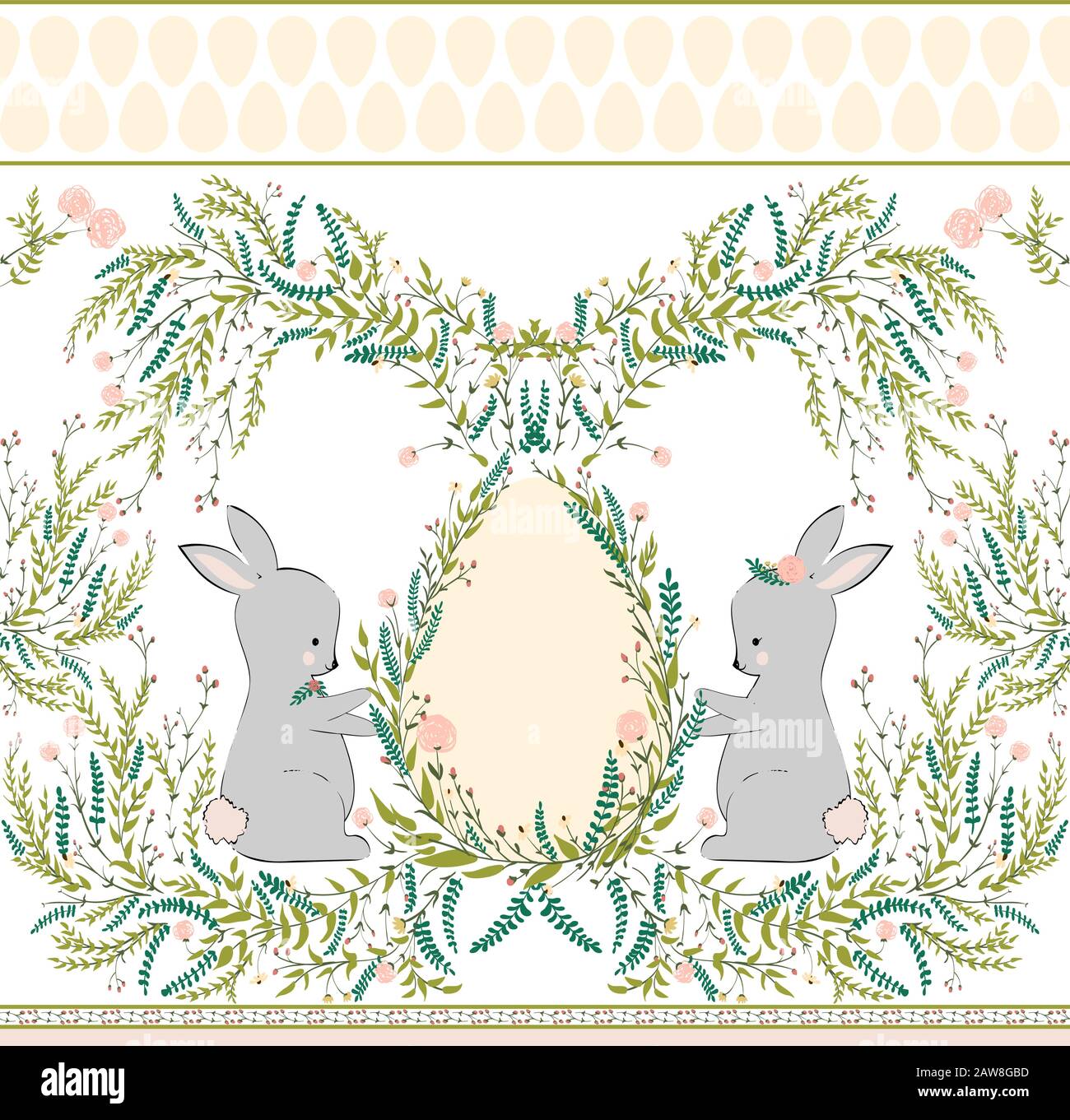 Easter bunny with spring flowers seamless pattern on white background ...
