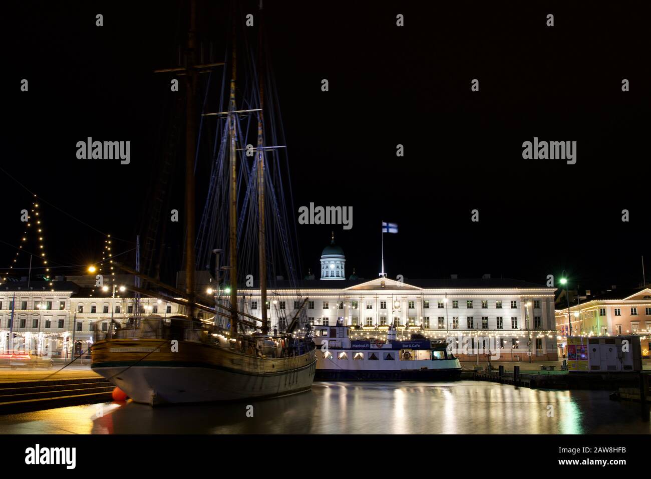 Helsinki, Finland - January 21, 2020: The Kathrina Rauma is a restaurant in a boat which yearly docks at the harbor next to the Helsinki town hall and Stock Photo