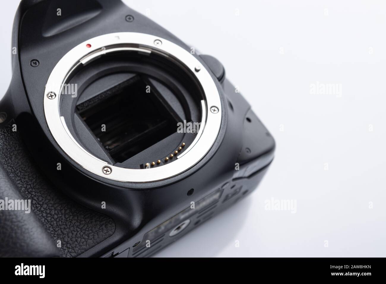 Closeup DSLR camera without lens, ready for sensor cleaning. Place for