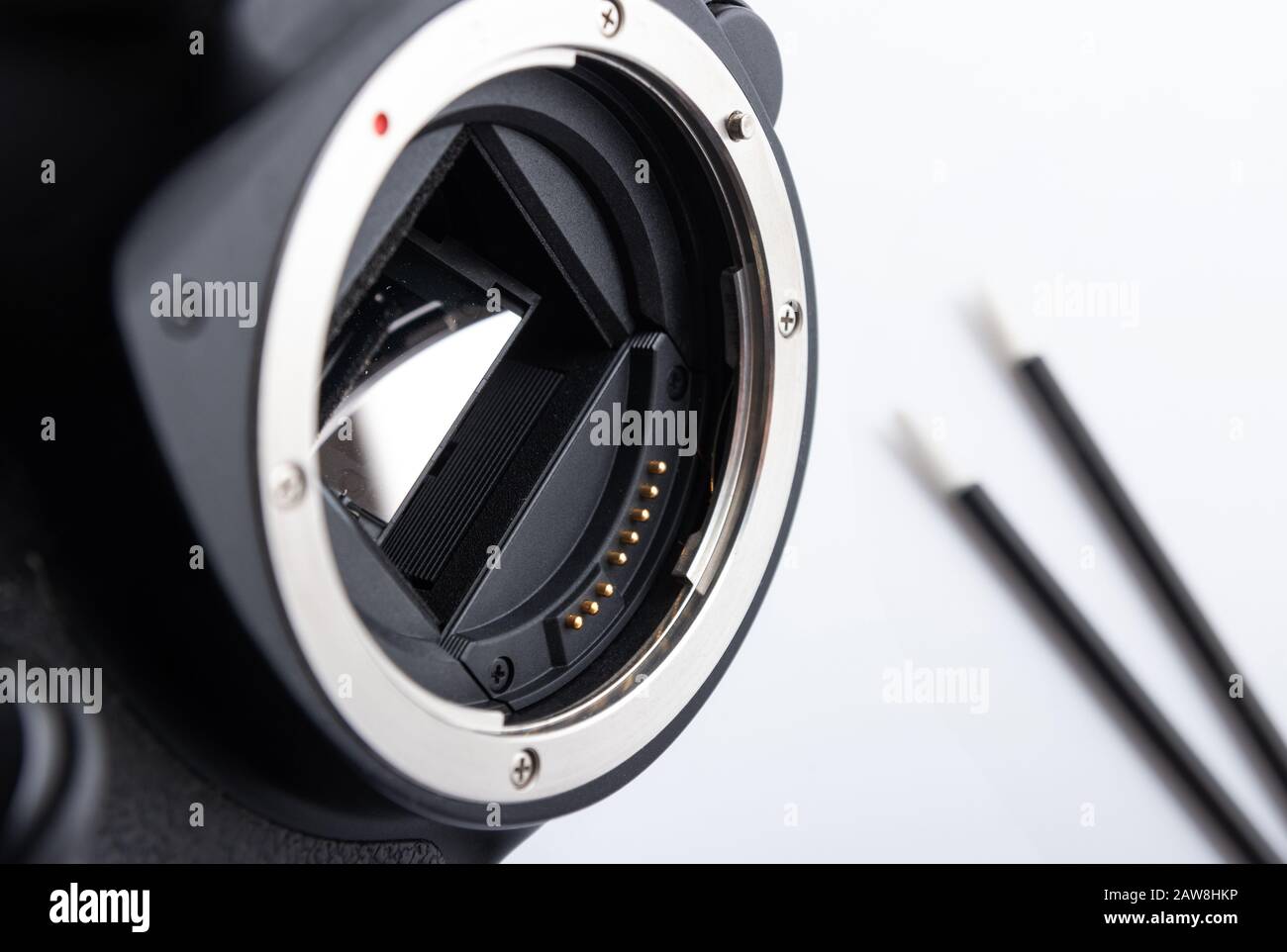 Closeup DSLR camera without lens, ready for sensor cleaning. Place for