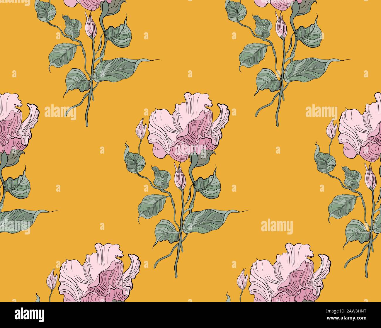 Seamless pattern, hand drawn pink pale Eustoma. Stock Vector