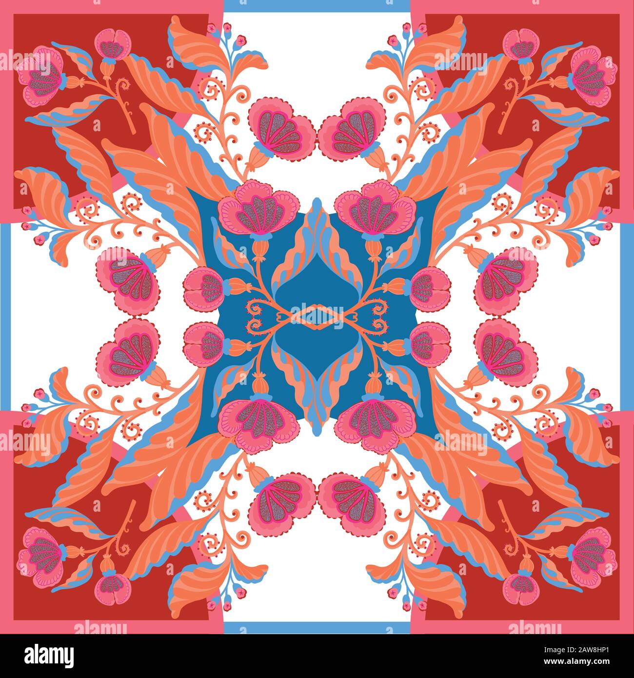 Silk scarf with abstract flowers vector pattern with hand drawn floral elements. Stock Vector