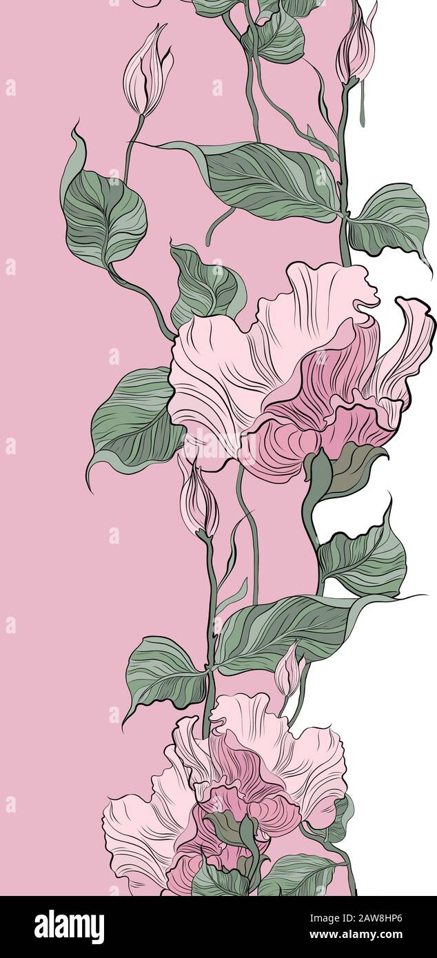 Seamless pattern, hand drawn pink pale Eustoma. Stock Vector