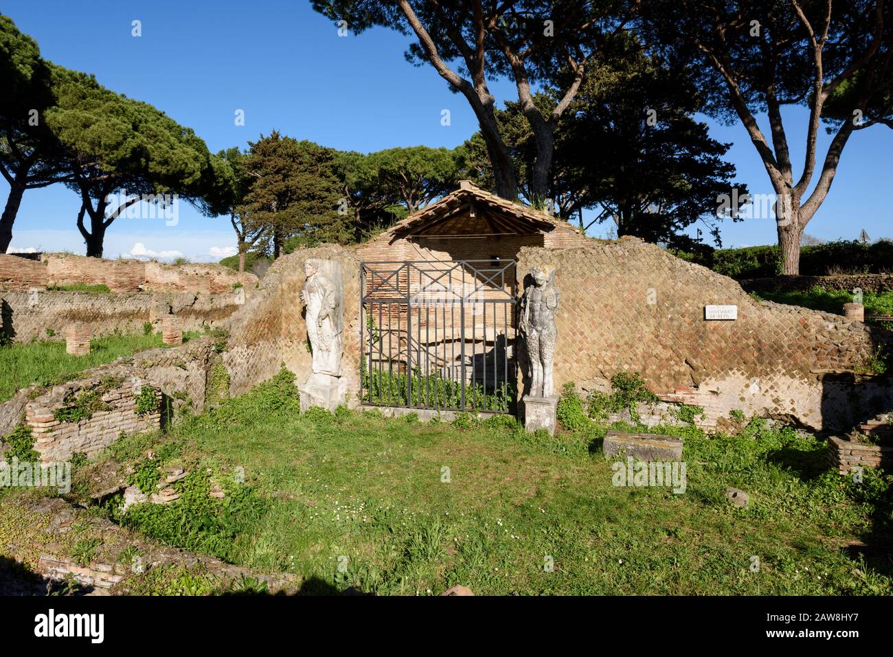 Rome. Italy. Ostia Antica. Campus of the Magna Mater, Santuario di Attis (Shrine of Attis). The entrance to the shrine is flanked by two semi-columns Stock Photo